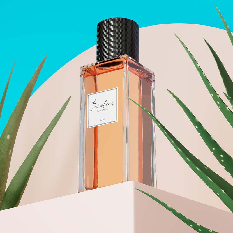 kreativ-parfuem studiofoto von damenduft auf einem podest umgeben von pflanzen